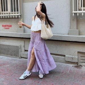 Bershka Gingham Pastel Purple Lavender Midi Skirt Size XL